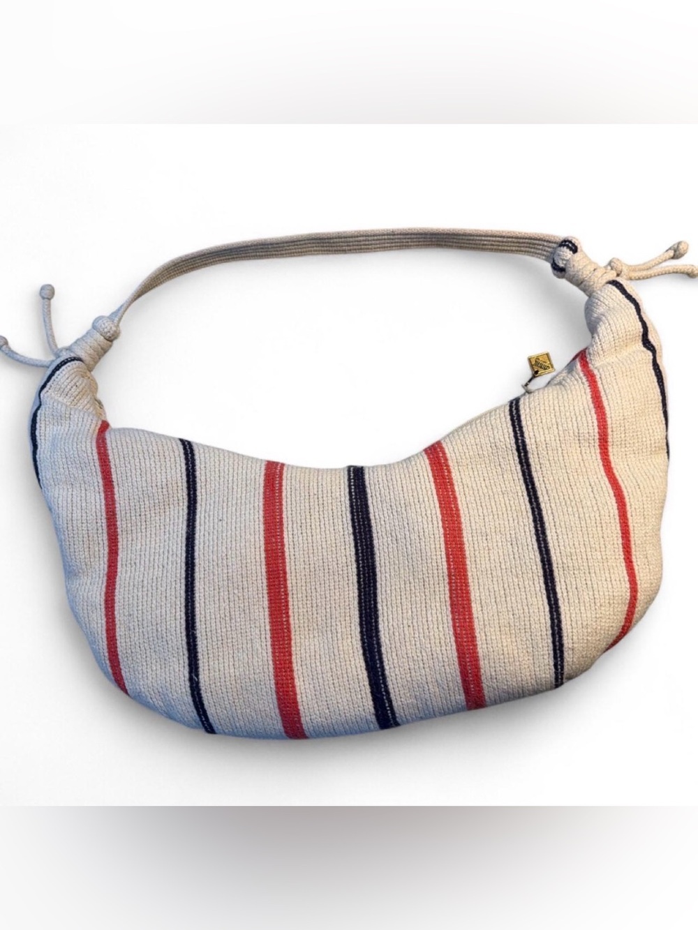 Cream Striped Knit Hobo Bag with Red & Navy Accents